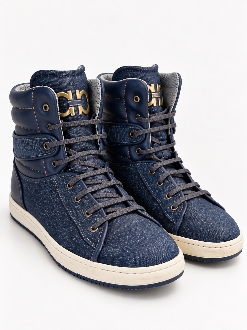 Men’s Salvatore Ferragamo denim and leather high-top sneakers with logo size 15